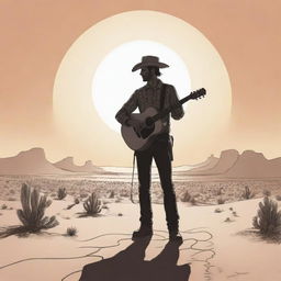 A simple, stylized line drawing of a rugged cowboy holding a guitar, standing in the vast desert with a setting sun