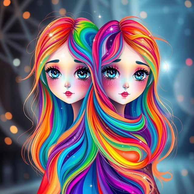 Two abstract twin girls made of swirling, vibrant colors