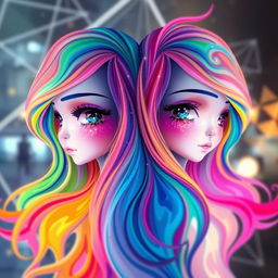 Two abstract twin girls made of swirling, vibrant colors