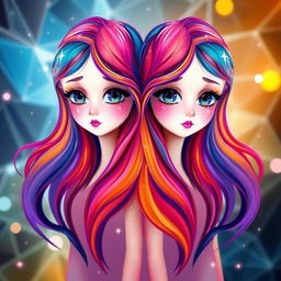 Two abstract twin girls made of swirling, vibrant colors