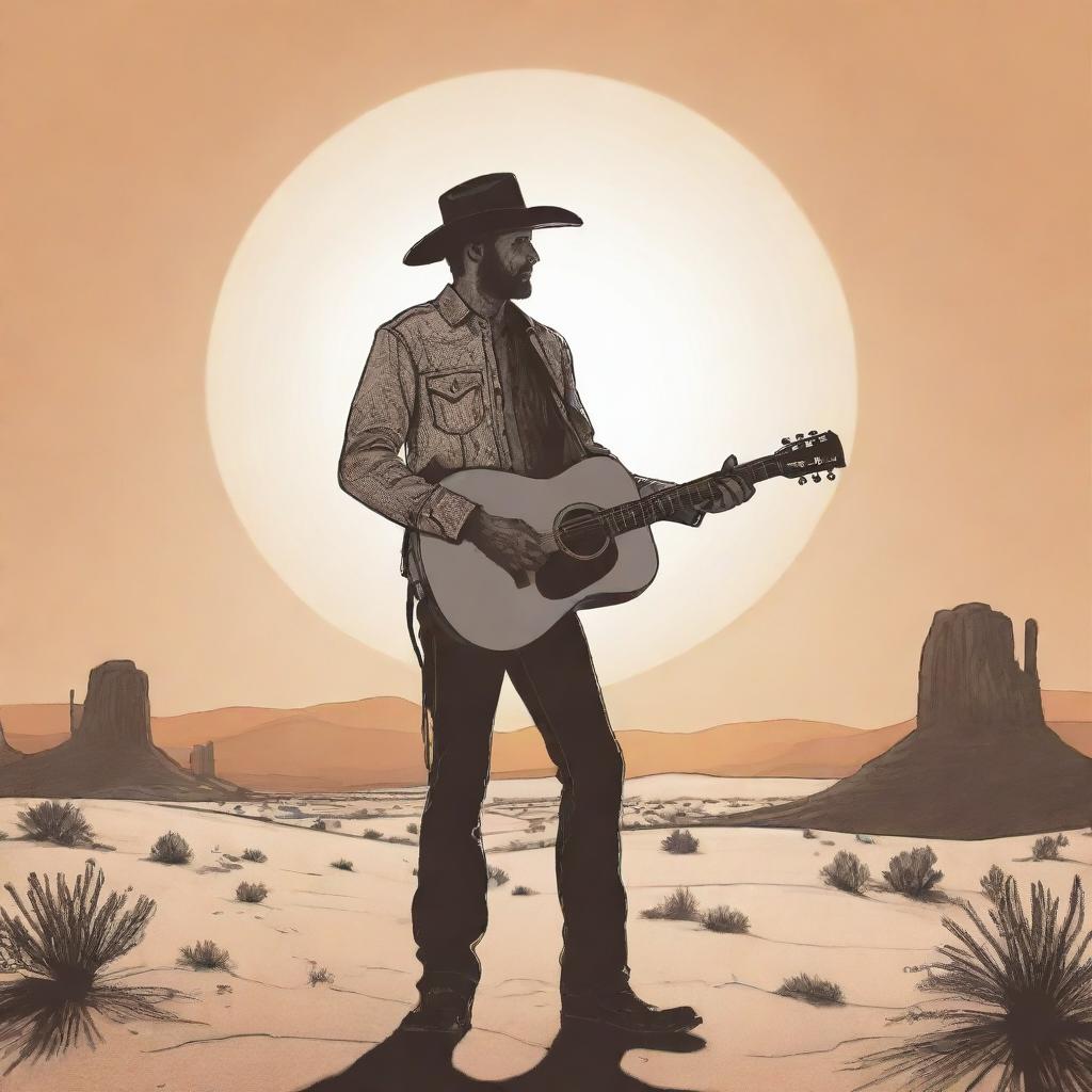 A simple, stylized line drawing of a rugged cowboy holding a guitar, standing in the vast desert with a setting sun