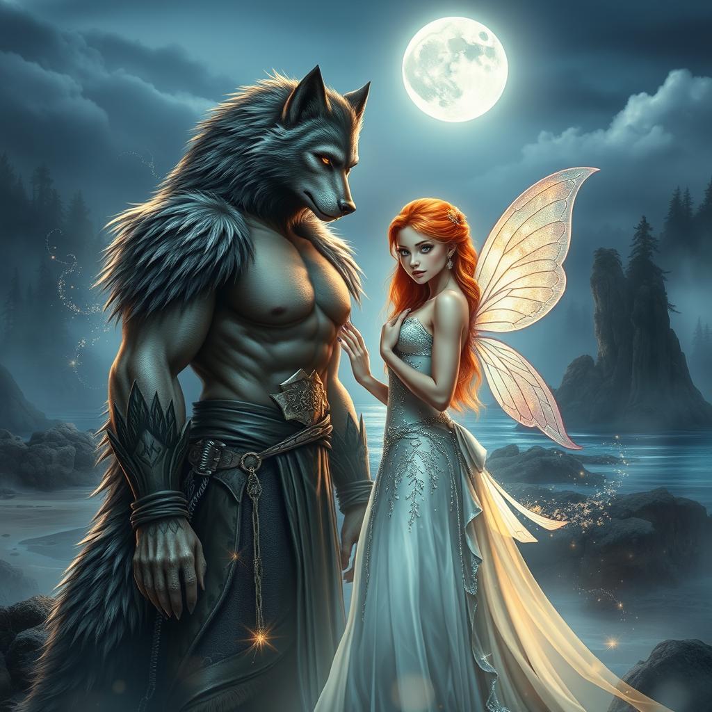 A romantic fantasy book cover featuring a sexy werewolf general from a village, standing strong and confident with wolf-like features including pointed ears and sharp eyes, exuding a rugged charm