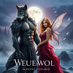 A romantic fantasy book cover featuring a sexy werewolf general from a village, standing strong and confident with wolf-like features including pointed ears and sharp eyes, exuding a rugged charm