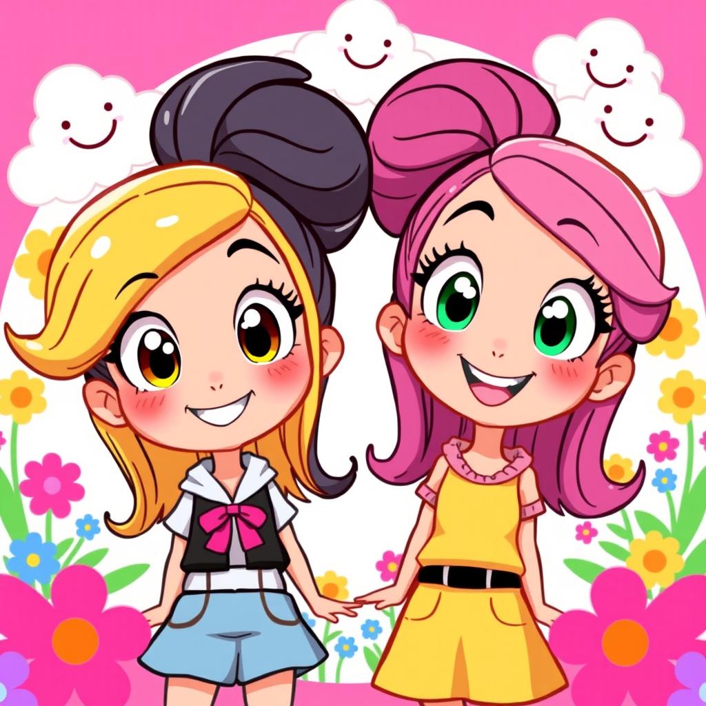 Two cartoon-style girls with big expressive eyes and joyful smiles, standing in a bright and colorful setting