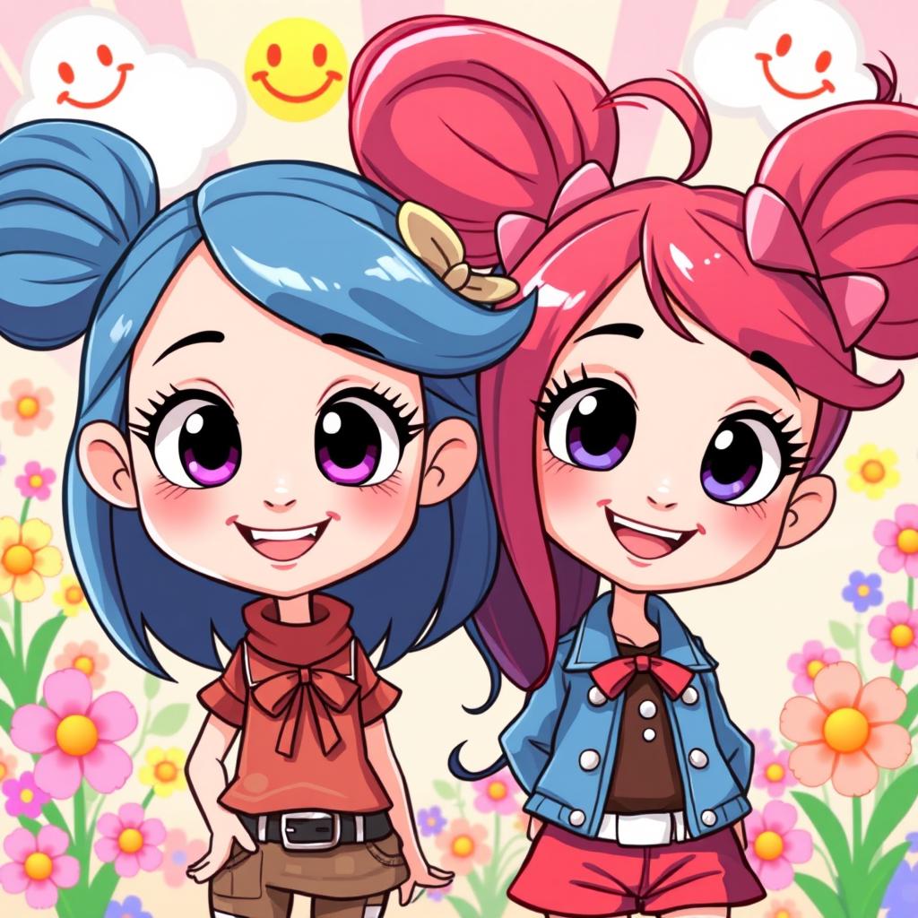 Two cartoon-style girls with big expressive eyes and joyful smiles, standing in a bright and colorful setting