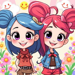 Two cartoon-style girls with big expressive eyes and joyful smiles, standing in a bright and colorful setting