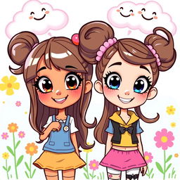 Two cartoon-style girls with big expressive eyes and joyful smiles, standing in a bright and colorful setting