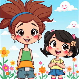 Two cartoon-style girls with big expressive eyes and joyful smiles, standing in a bright and colorful setting