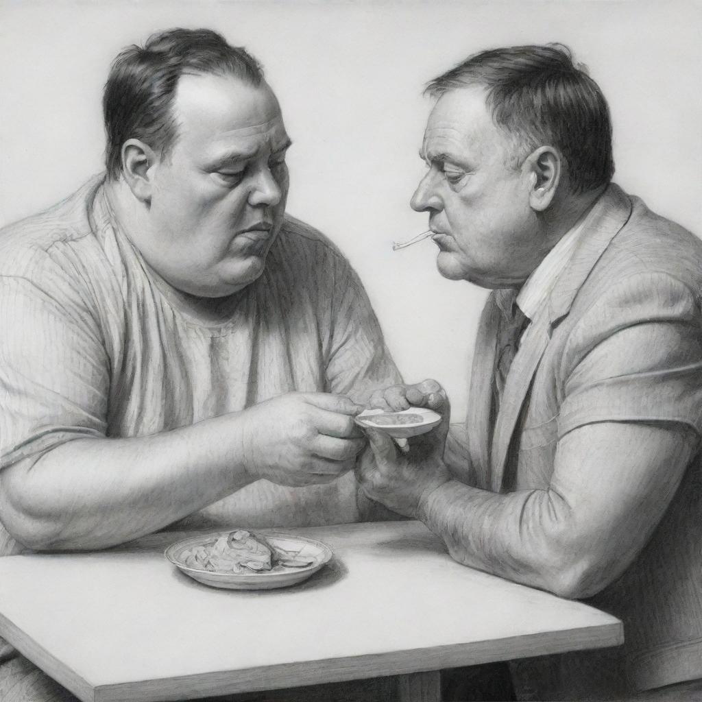 A grayscale pencil sketch depicting a portly, affluent man being hand-fed by an emaciated, impoverished man. The contrast between their physical appearances and socio-economic statuses should be striking.