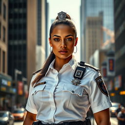 A powerful and confident policewoman standing in a bustling urban environment