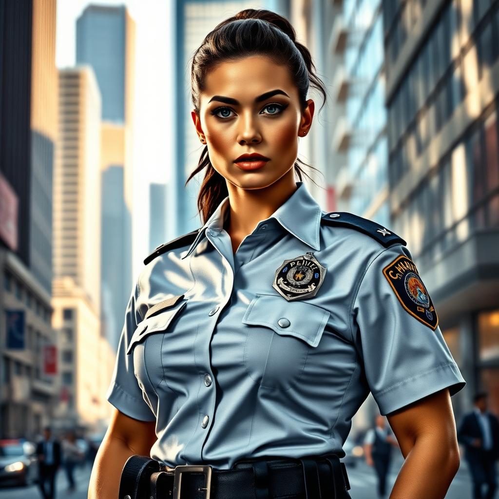 A powerful and confident policewoman standing in a bustling urban environment