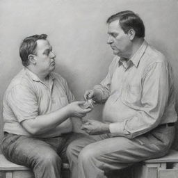 A grayscale pencil sketch depicting a portly, affluent man being hand-fed by an emaciated, impoverished man. The contrast between their physical appearances and socio-economic statuses should be striking.