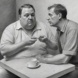 A grayscale pencil sketch depicting a portly, affluent man being hand-fed by an emaciated, impoverished man. The contrast between their physical appearances and socio-economic statuses should be striking.