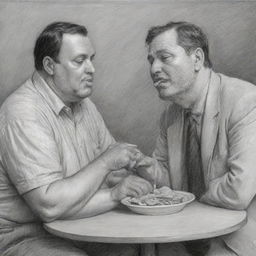 A grayscale pencil sketch depicting a portly, affluent man being hand-fed by an emaciated, impoverished man. The contrast between their physical appearances and socio-economic statuses should be striking.