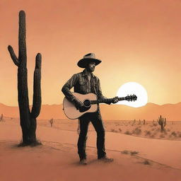 A simplistic but representative sketched illustration of a cowboy in the desert, poised with a guitar under the sunset.