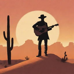 A simplistic but representative sketched illustration of a cowboy in the desert, poised with a guitar under the sunset.