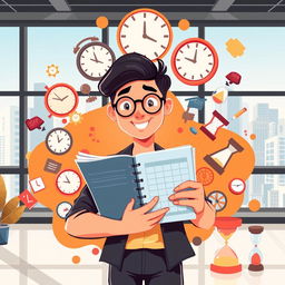 A dynamic and vibrant illustration showing a person efficiently managing their time