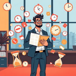 A dynamic and vibrant illustration showing a person efficiently managing their time