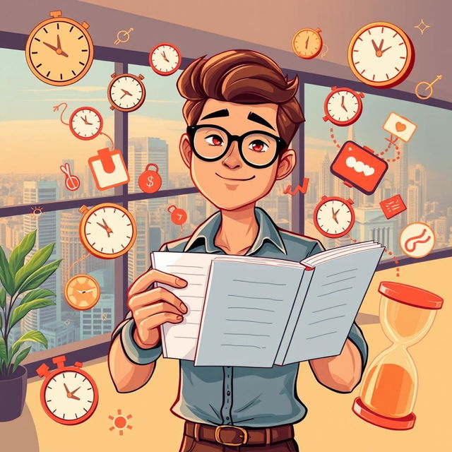 A dynamic and vibrant illustration showing a person efficiently managing their time