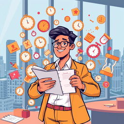 A dynamic and vibrant illustration showing a person efficiently managing their time