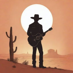 A simplistic but representative sketched illustration of a cowboy in the desert, poised with a guitar under the sunset.