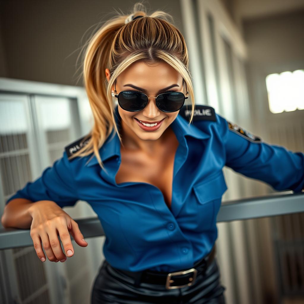 An extreme close-up of a striking police officer with a blonde ponytail, leaning over a visitation window