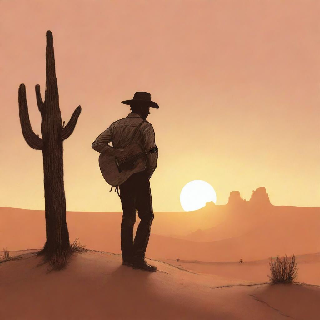 A simplistic but representative sketched illustration of a cowboy in the desert, poised with a guitar under the sunset.