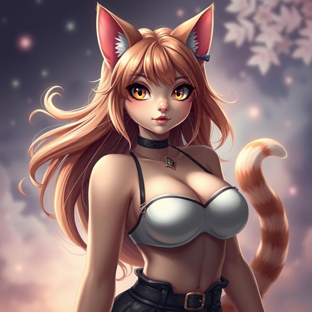 A stunning and alluring anthropomorphic cat girl, designed with captivating feline features such as beautiful cat ears, a sleek tail, and big, expressive eyes