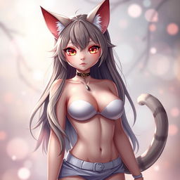 A stunning and alluring anthropomorphic cat girl, designed with captivating feline features such as beautiful cat ears, a sleek tail, and big, expressive eyes