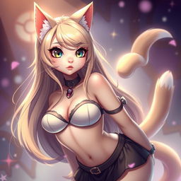 A stunning and alluring anthropomorphic cat girl, designed with captivating feline features such as beautiful cat ears, a sleek tail, and big, expressive eyes