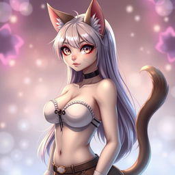 A stunning and alluring anthropomorphic cat girl, designed with captivating feline features such as beautiful cat ears, a sleek tail, and big, expressive eyes