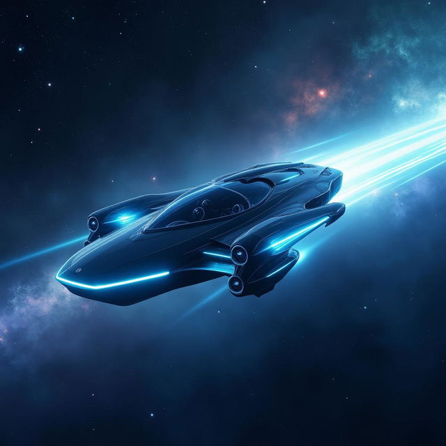 A futuristic flying car soaring through the vastness of space, with sleek aerodynamic design and glowing neon blue light trails