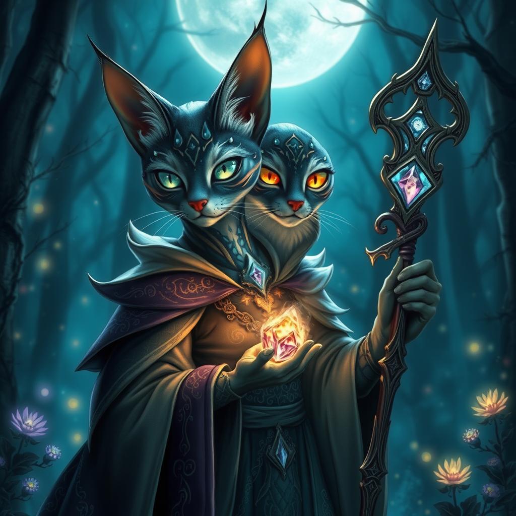 A mystical Tabaxi Archfey Warlock with an enigmatic aura, exuding magical energy