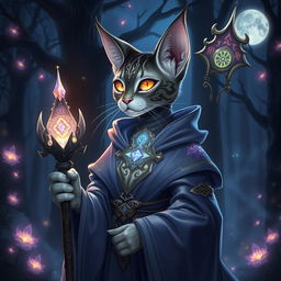 A mystical Tabaxi Archfey Warlock with an enigmatic aura, exuding magical energy