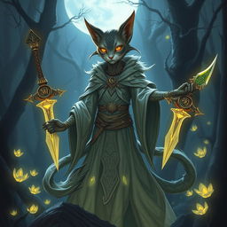 A mystical fusion of Tabaxi and Khajit, embodying an Archfey Warlock with an enigmatic aura