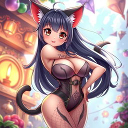 A hot anime cat girl with large expressive eyes, fluffy cat ears, playful tail, and voluptuous figure featuring large breasts and curvaceous hips