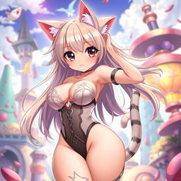 A hot anime cat girl with large expressive eyes, fluffy cat ears, playful tail, and voluptuous figure featuring large breasts and curvaceous hips