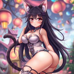 A hot anime cat girl with large expressive eyes, fluffy cat ears, playful tail, and voluptuous figure featuring large breasts and curvaceous hips