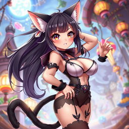 A hot anime cat girl with large expressive eyes, fluffy cat ears, playful tail, and voluptuous figure featuring large breasts and curvaceous hips