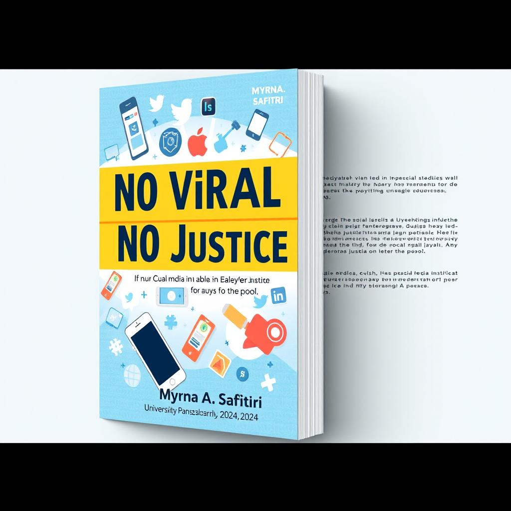 An impactful book cover design titled "No Viral No Justice" that visually represents the influence of social media in achieving justice for the poor