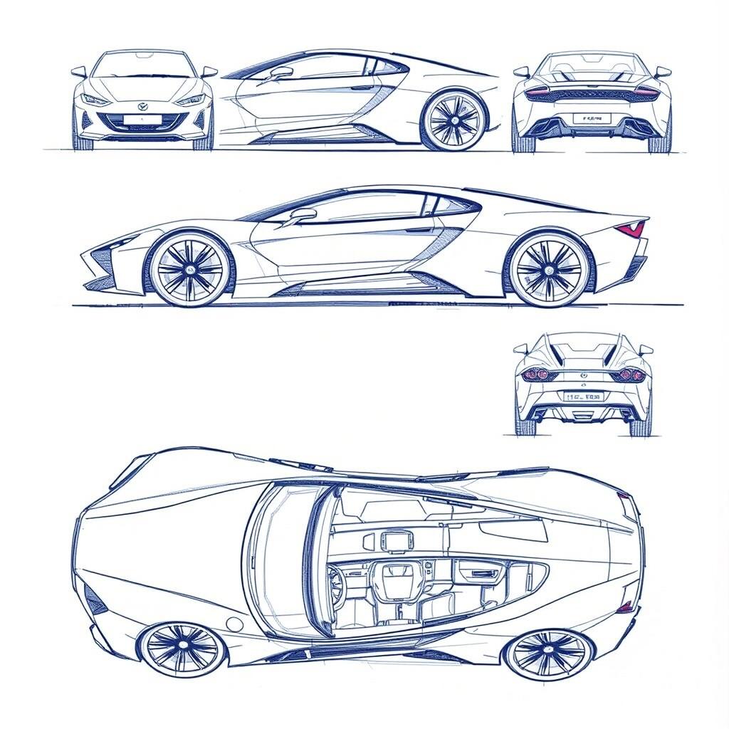 a hand-sketched car blueprint, showcasing a variety of angles including front, back, side, top, and interior views