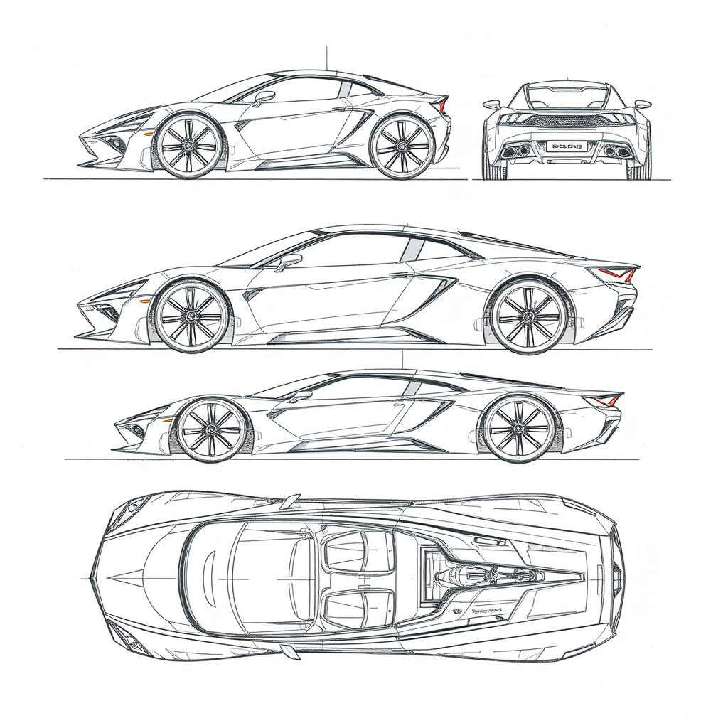 a hand-sketched car blueprint, showcasing a variety of angles including front, back, side, top, and interior views