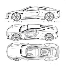 a hand-sketched car blueprint, showcasing a variety of angles including front, back, side, top, and interior views