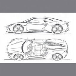 a hand-sketched car blueprint, showcasing a variety of angles including front, back, side, top, and interior views