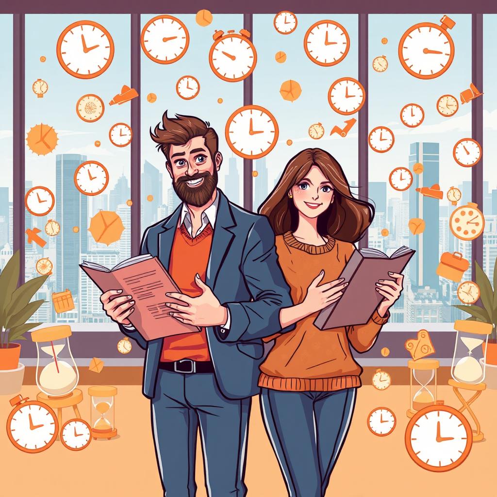 A dynamic and vibrant illustration showing a man and a woman efficiently managing their time together