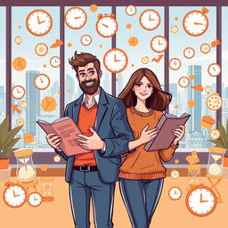 A dynamic and vibrant illustration showing a man and a woman efficiently managing their time together