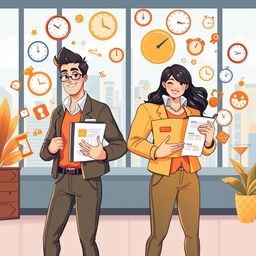 A dynamic and vibrant illustration showing a man and a woman efficiently managing their time together