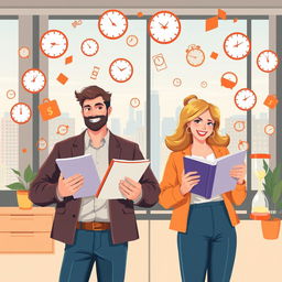 A dynamic and vibrant illustration showing a man and a woman efficiently managing their time together