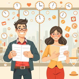 A dynamic and vibrant illustration showing a man and a woman efficiently managing their time together