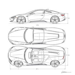 a comprehensive car blueprint sketch displaying all views, including front, back, left side, right side, top, and bottom perspectives